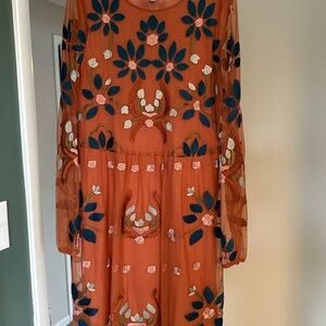 Philosophy Long Sleeve Dress in Orange with Floral Embroidery